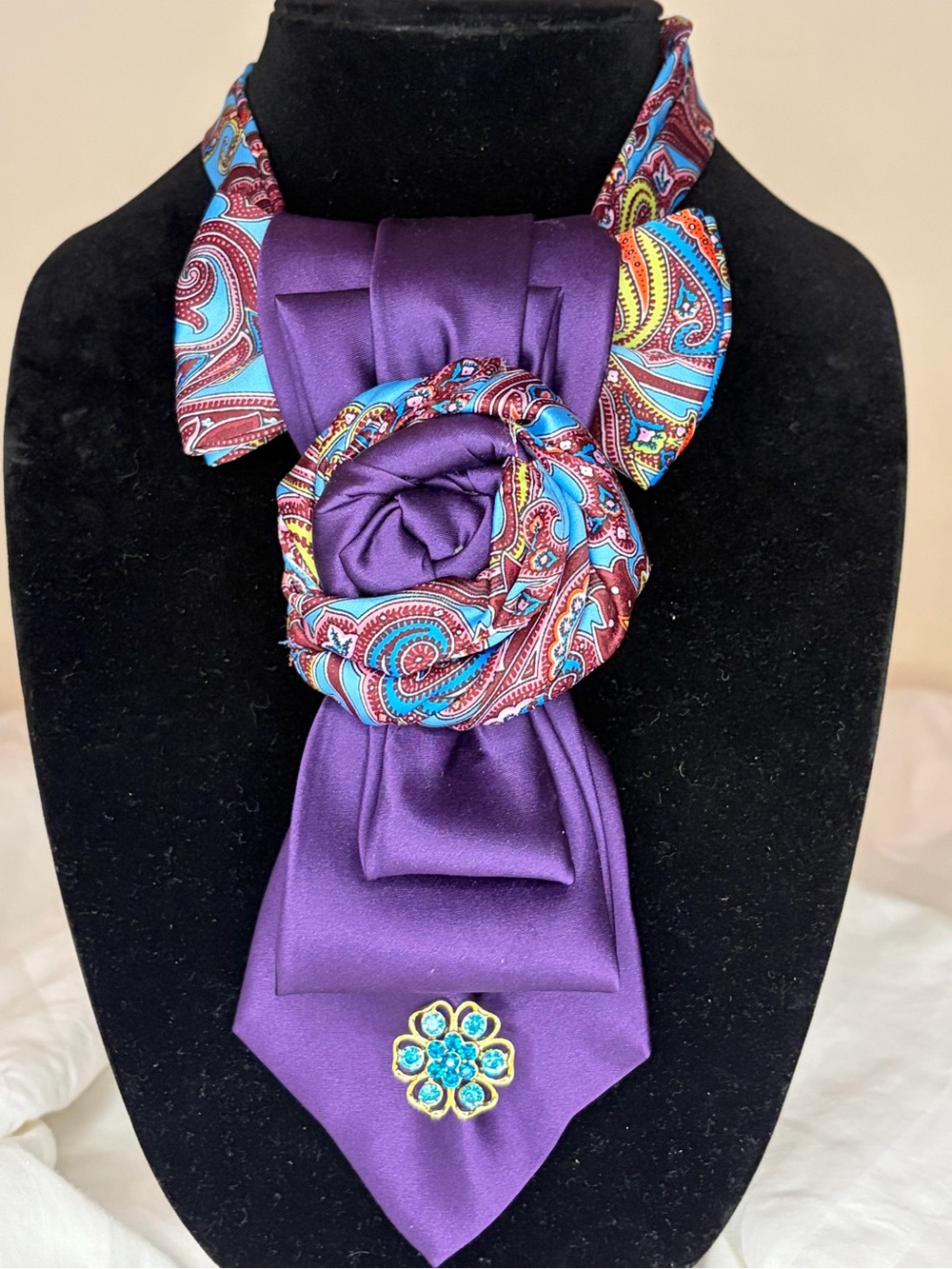 3 in 1 Purple Satin Bow Tie with Paisley Silk Accent and Blue Gem Brooch